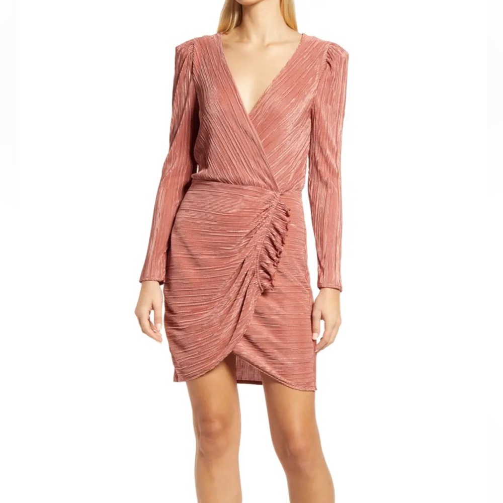 Halogen Plisse long sleeve minidress puff sleeves drape front